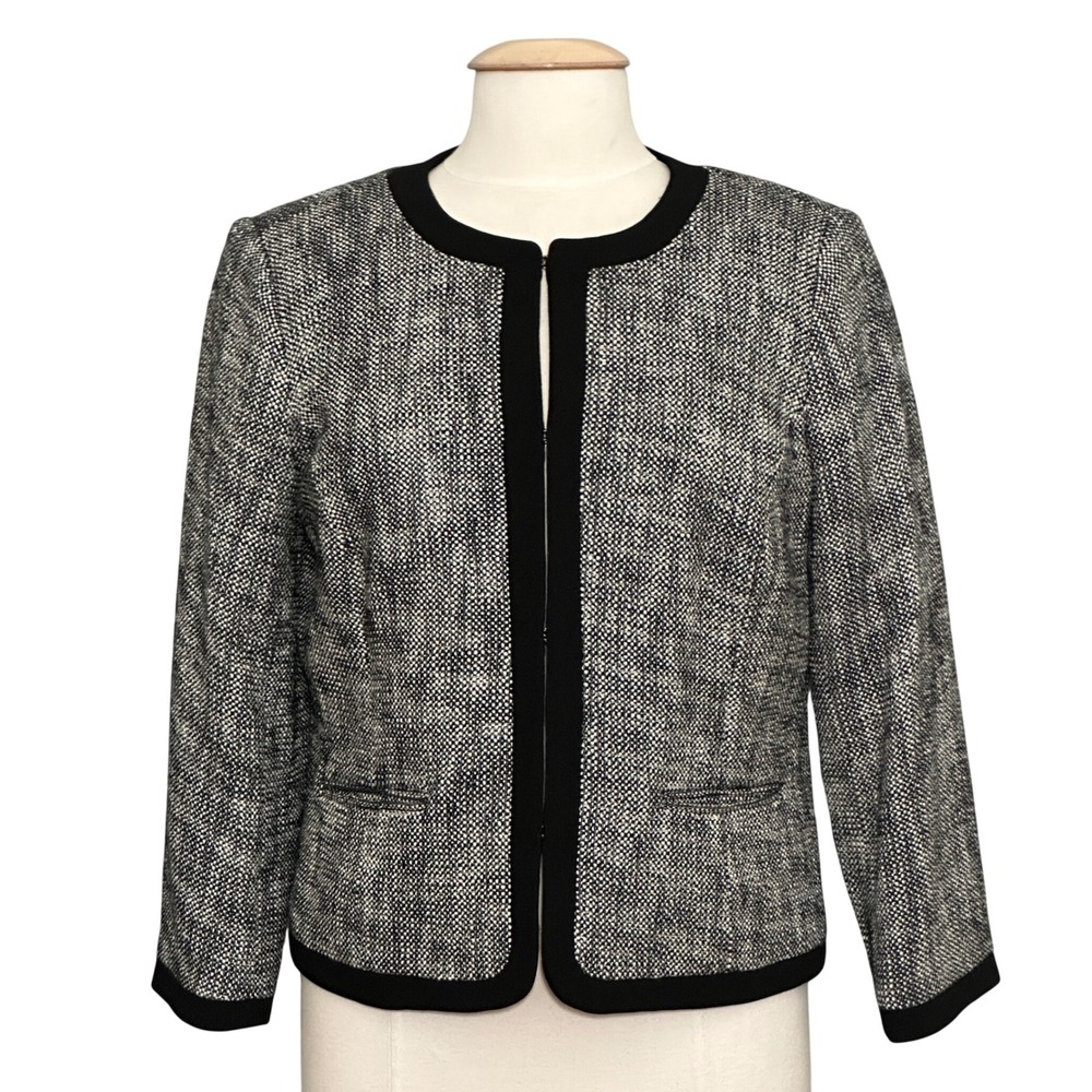 Talbots Petites Womens Jacket 12P Black White Tweed Classic Preppy Old Money